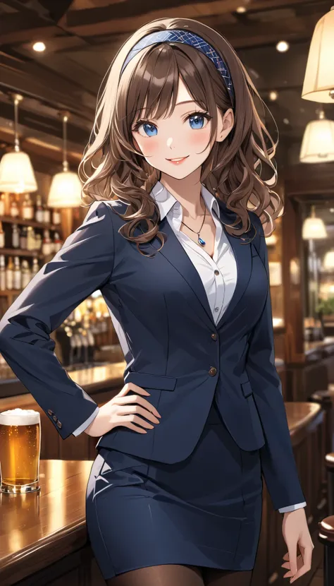masterpiece, Best Quality, medium breasts, Beautiful Details, Fine texture, Fine skin, Very cute girl, Alone, Happy smile, blush, Deep Blue Eyes , Brown Hair, wavy hair, hair band,Right-parted bangs,rouge lips, business suit,buttoned jacket, pencil skir...