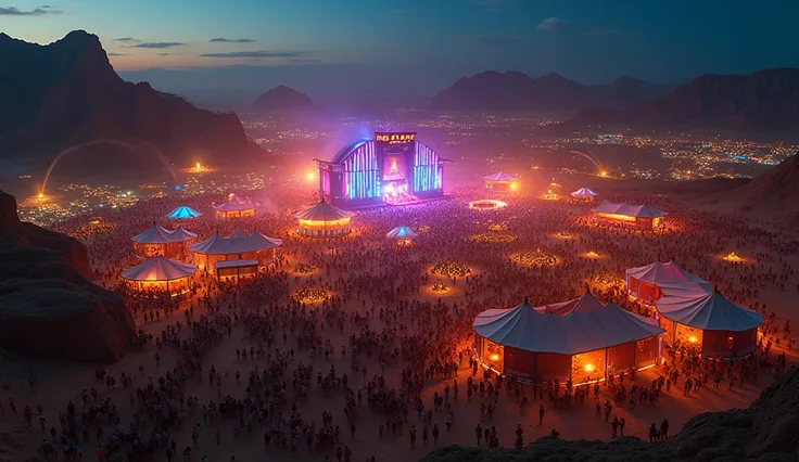  I want an aerial panoramic view ,  of a music festival in the desert at night,  a great stage , tarpaulins, Burning Man style 