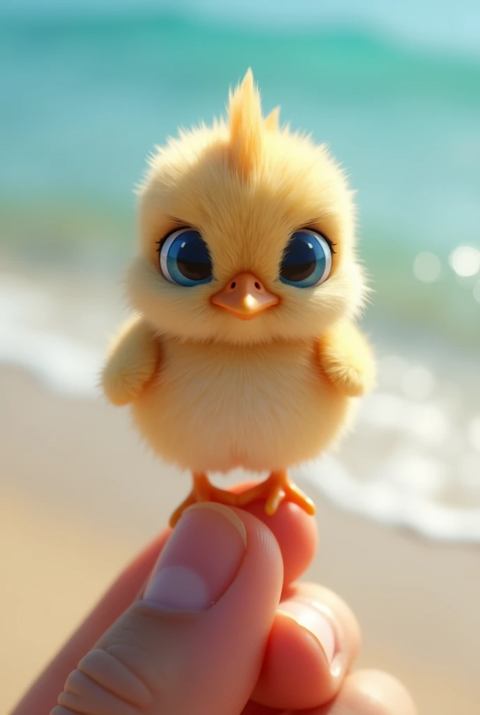 Tiny little chicken , With big blue eyes, Cute, funny,  fit a close-up on the index finger,  with the beach and ocean in the background.