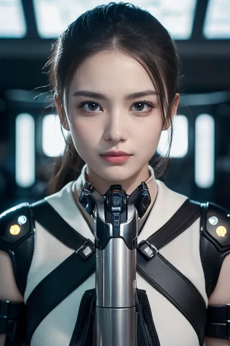  Play,(( best quality、In 8K、masterpiece:1.3))Equipped with a silver-white mechanism， girl with a beautiful face ， High Quality， ultra clear ，  facial features are delicate and clear，Armageddon，Mechanical Arm，  EXQUISITE DETAILS  ，(Clattering toes)、Machine ...