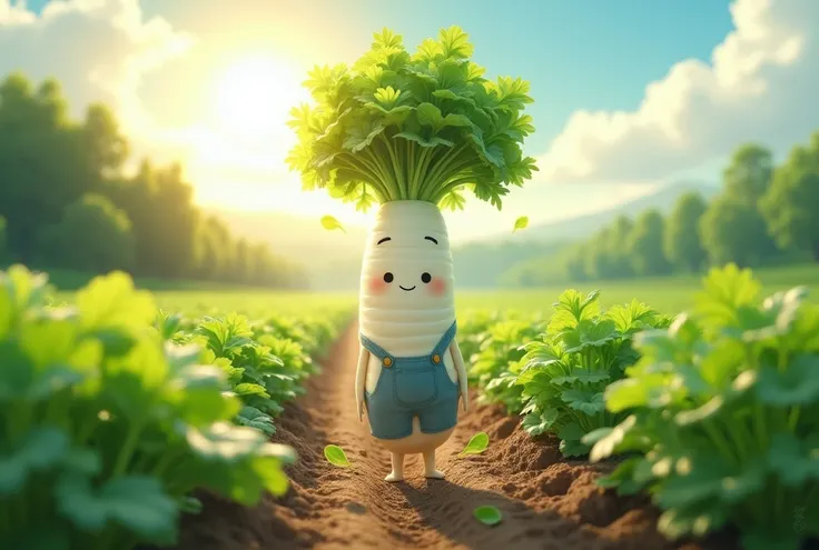 (Daikon Farmhouse :Eyes and mouth:limbs:white:Leaf Hair ), A human-like daikon character with a long white body and green leafy hair, overalls .   The daikon planted 、 daikon is harvested with daikon characters planted。 in a daikon field illuminated by the...