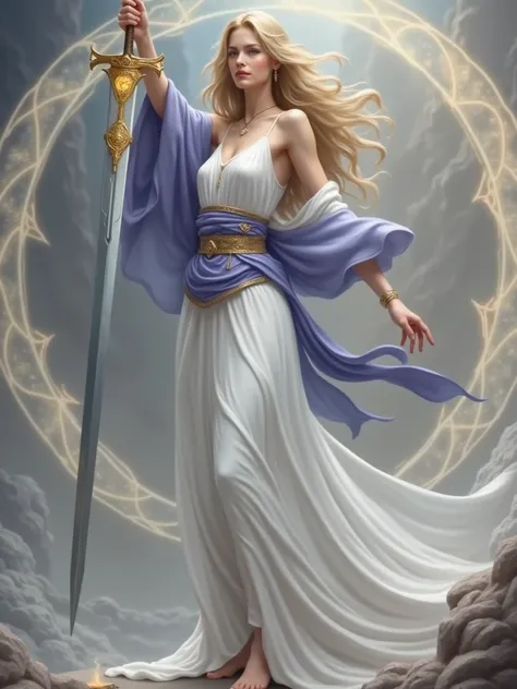  Tall woman, Clear tea , blonde hair,  heavenly sword ,  spiritual aura ,  ancient spiritual symbols,  dimensional portals,  ancient wisdom ,  spiritual intelligence  