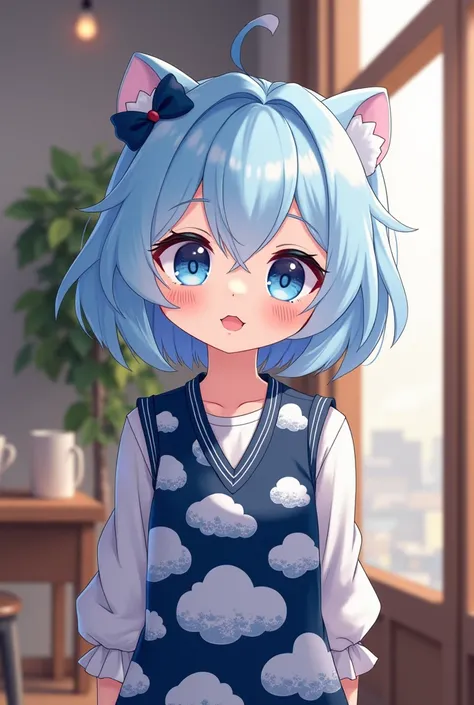 4K  Manga cartoon  character is Girl  skin white  , short  hair colour light blue - white , wear outfits and shoes colour light blue and white -  navy  pattern  coulds , background  wall door glass in cafe , manga cartoon style . 