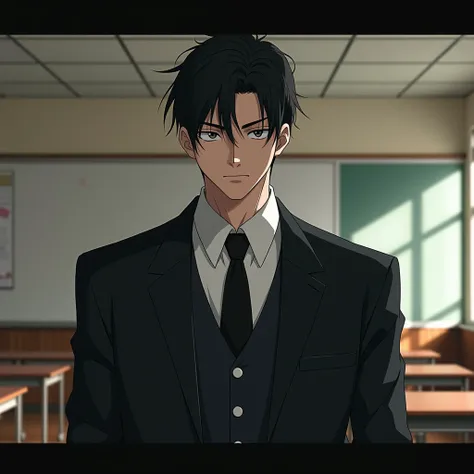  man with dark hair,  good-looking face,  broad shoulder , A slightly larger , Expressionless,  school uniform, Japanese cartoon style,  school background 