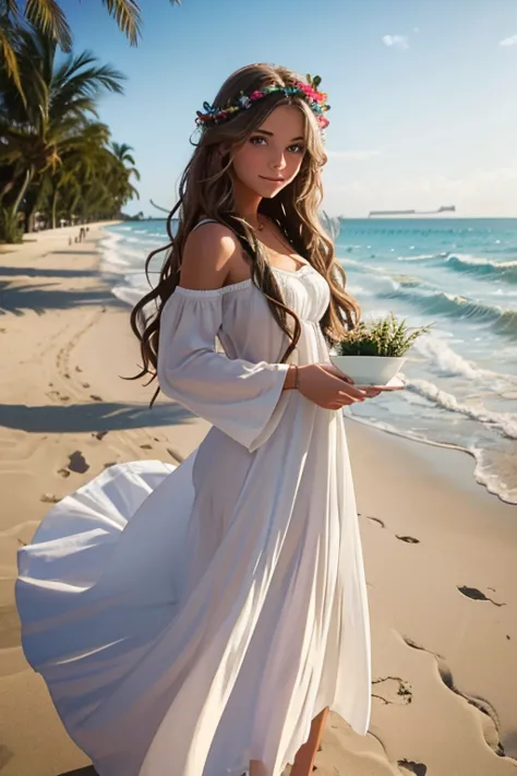 beautiful girl with long wavy hair, bohemian dress,  holding a white plate with the text  "i love seaart infinity" and showing h...