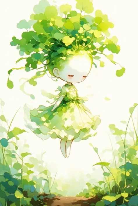 A white-skinned cute daikon lady floating above the soil. wearing dress made of daikon skin, green leaves hair. looking down. fantasy art, watercolor painting