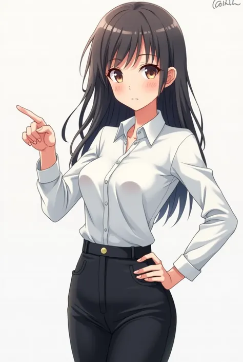 Anime girl, long sleeve white shirt ,high waist black pants ,pointing at the camera with a straight arm