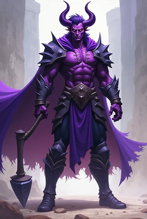 A dynamic artwork of a male purple tiefling paladin. He is 6“2, has a very athletic build and a handsome face. His pupils are a soft red and his horns poke out of his hair at a backwards angle. His light armour is contrasted by a heavyly spiked mace in his...