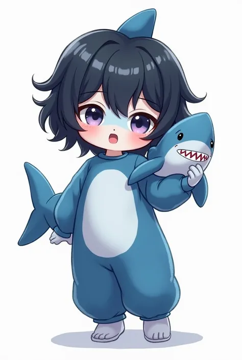 Kawai boy ,  with blue skin ,  shark shark  ,  he is a trans boy and has crivareis marks underneath both tits he wears white and fluffy clothes , ele tem cabelo médio e preto  ele tá com um risinho de pelúcia da mão  ele tem uma  shark shark  e está em um ...