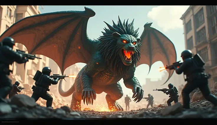 A tense 3D animated scene shows the hybrid animal standing defiantly in a destroyed urban landscape. The creature’s enormous lion-like body is covered in black and green shimmering scales, while its massive wings spread wide, glinting in the firelight. Its...