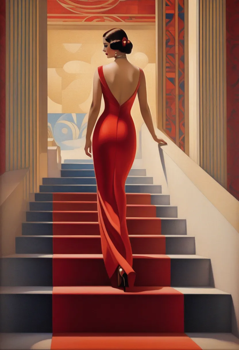 painting of a nude woman walking up the stairs with a red carpet, art deco painting, art deco era), art deco portrait, georgy kurasov, cinematic. art deco, beautiful retro art, intricate art deco patterns, realistic art deco, hyperrealistic art nouveau, ar...