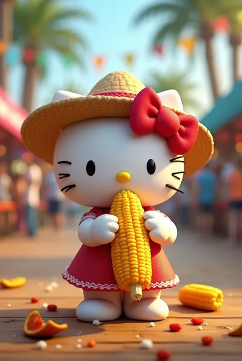 Draw Hello Kitty ,  grabbing corn in a park like at a fair ,  eating a prepared corn that looks like its Mexican,  but she doesnt have a hat , Or anything like Hello Kitty eating prepared Mexican corn
Like in Acapulco with Chilito
