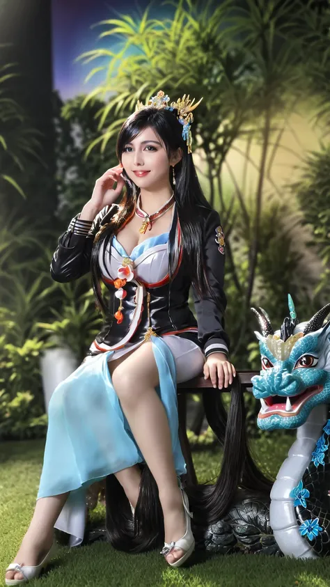 ( perfect detail : 1.5, 8K Wallpaper, masterpiece,  Quality Best ,  super detailed) A woman, Empress, Delicate facial features, Black Hair, Fine Hair, Tie hair, Golden Embroidered Dragon Robe , Hanfu, Sitting on the Dragon Chair, Hands on head, 宫殿backgroun...