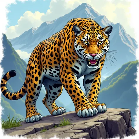 jaguar, comic style,  illustration, styled, Powerful, Watercolor style, imposing, mountain