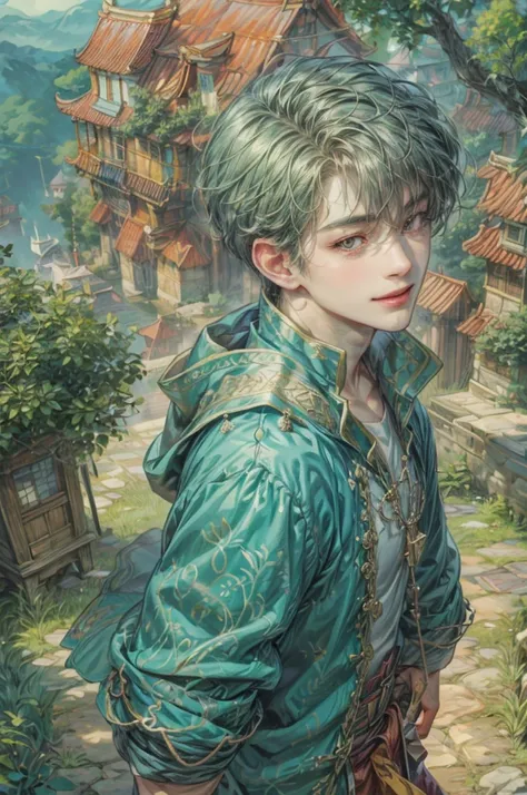 (absurdres, highres, ultra detailed, HDR), masterpiece, perfect faces, detailed faces, intricate details, extremely detailed background scenery, best quality close-up picture, pink eyes, korean boy, smile,   boy guy male man , art by kenouji 