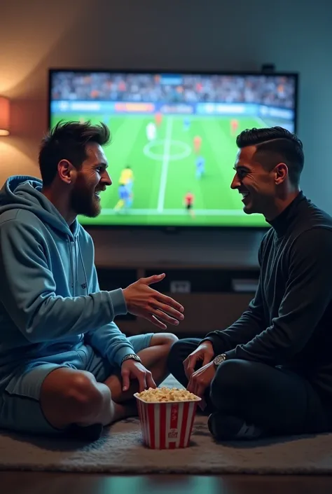 Relaxed Conversation
Messi, sitting cross-legged in a light blue hoodie, gestures animatedly while Ronaldo, leaning back in his black tracksuit, listens with an amused expression. The popcorn tub rests precariously on Messi’s knee, and the TV glows faintly...