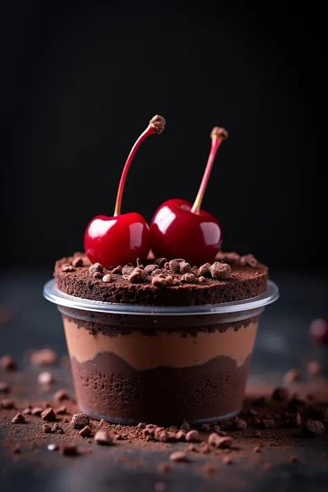 Black Forest dessert in a 6-ounce container with chocolate and cherries on top and black background