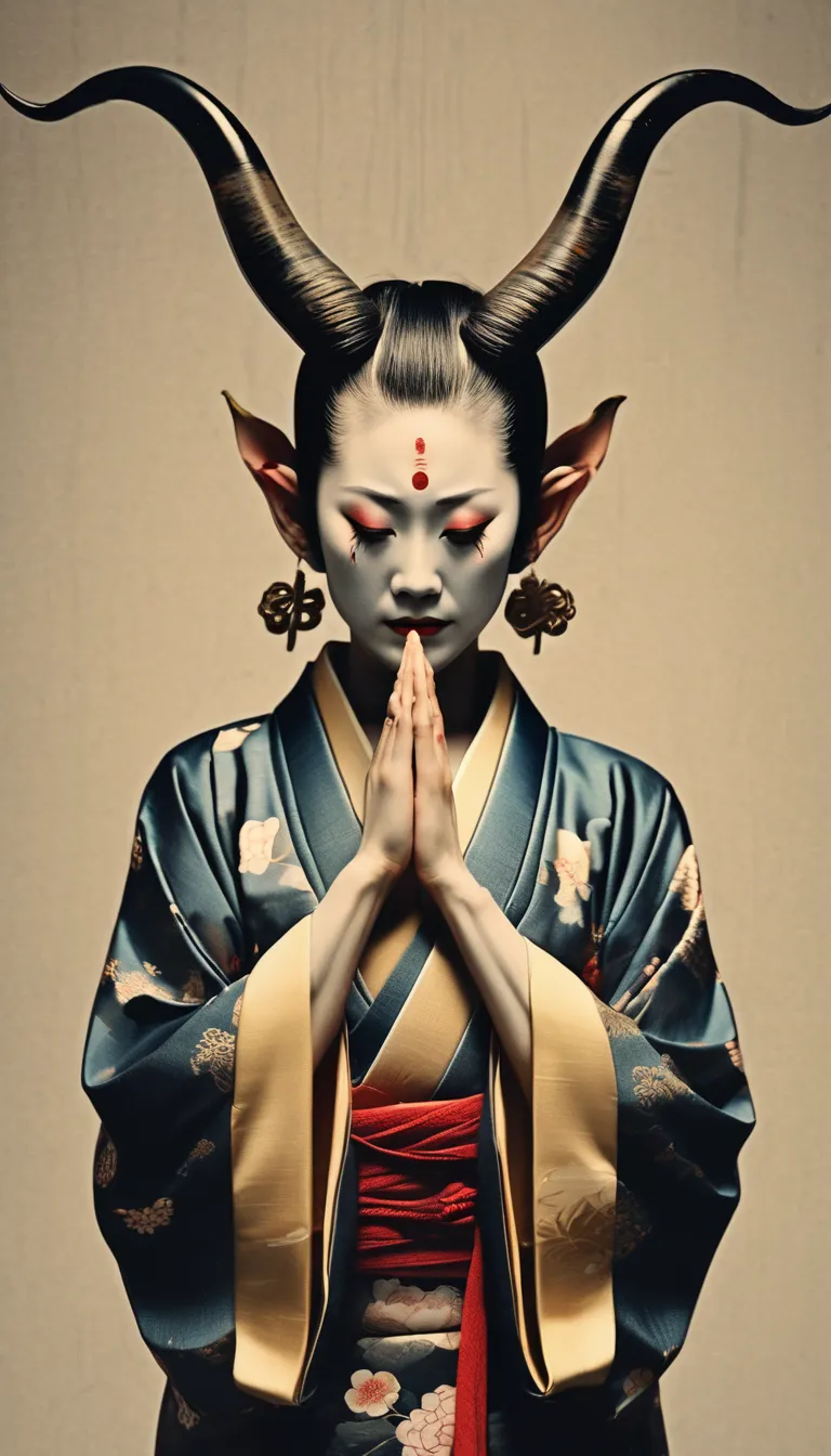 japanese devil、horns grow、 crying、kimono,color,close your ears with your mouth , prayer put your hands together