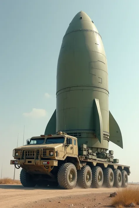 A suppository that is the size of an intercontinental missile on a military vehicle.