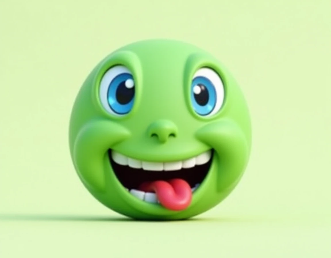 round green emoji , happy, sticking out the tongue sideways and eyes open in light blue