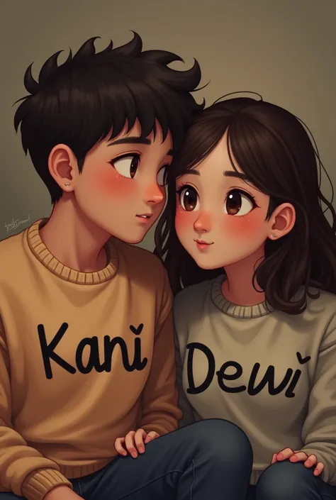 Make a guy and a girl sit next to each other, their faces to the fore , baju cowok sweater tertulis nama Kani baju cewek sweater tertulis nama dewi