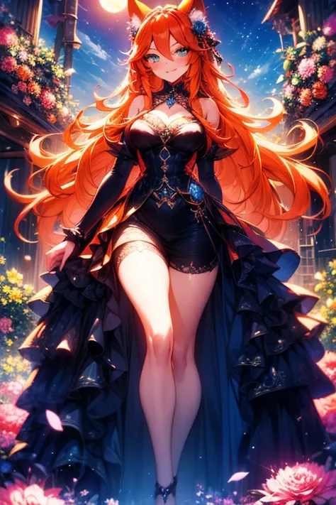 Perfect face. Perfect hands. An orange haired woman with one blue and green eyes with an hourglass figure and orange fox ears and orange fox tails in a lacy ballgown is smiling in a Gothic garden at night in a flurry of peony petals
