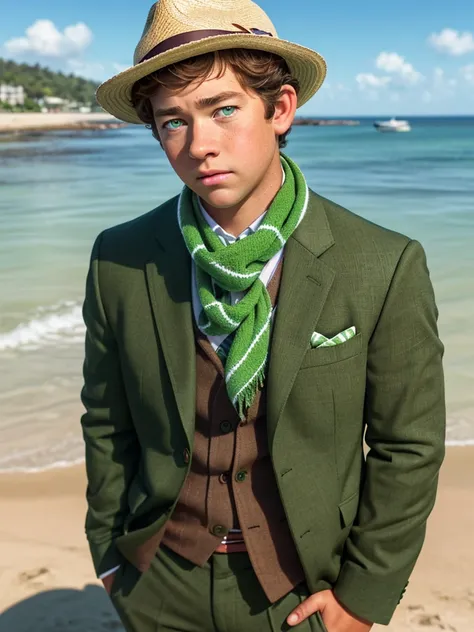 portrait, teenager boy version of (John Krasinski), tanned skin color, green fedora, (brown hair), ((wearing green star suit)) and a green striped scarf, (lime green eyes), looking above, in a beach, sad expression,  sun light contrast, High Resolution, Be...