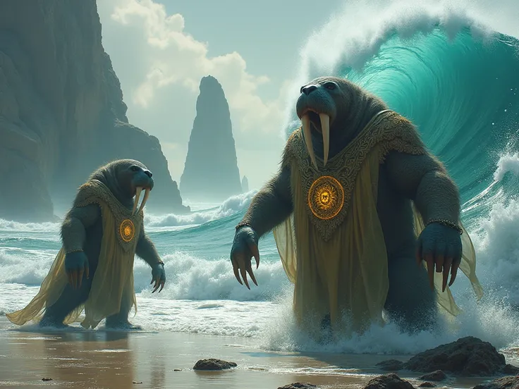 Walrus people，Summon Waves ，clothing，seaside，Fantasy， Magic Style