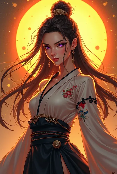  Elegant sexy samurai woman anime,  brown hair , violet eyes, background with many abstract geometric circles golden yellow orange