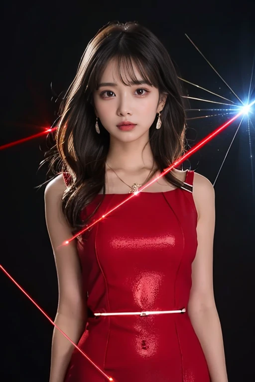 8k, , masterpiece,  1 girl, (Nice face:1.4), fine grain,  very long hair,  Impressive Hairstyle ,  earrings for a woman alone,  Necklaces ,  small breasts, (Glowing Dress 1 .5),  see-through , (red laser dress:1.5),  Brightly Colored Foundation Makes Your ...