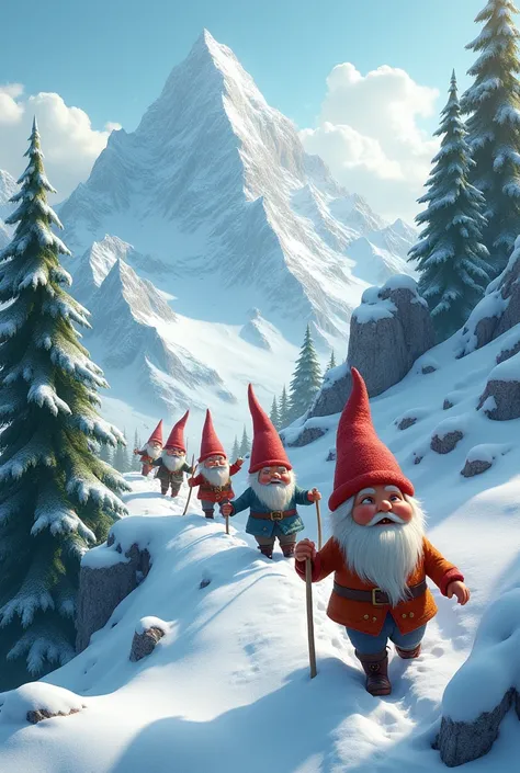 generate me an image of gnomes walking on mountain in snow