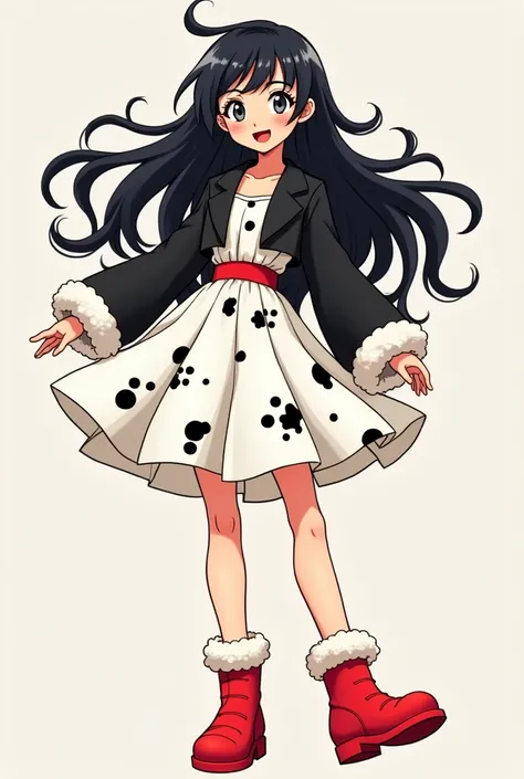  A woman with long black hair with several white locks and fringe all over her hair, gray eyes. pink lips. Happy smile.  White flared dress with print of Dalmatian spots , black cropped blazer with plush cuffs ,  red belt marking the waist and short red bo...