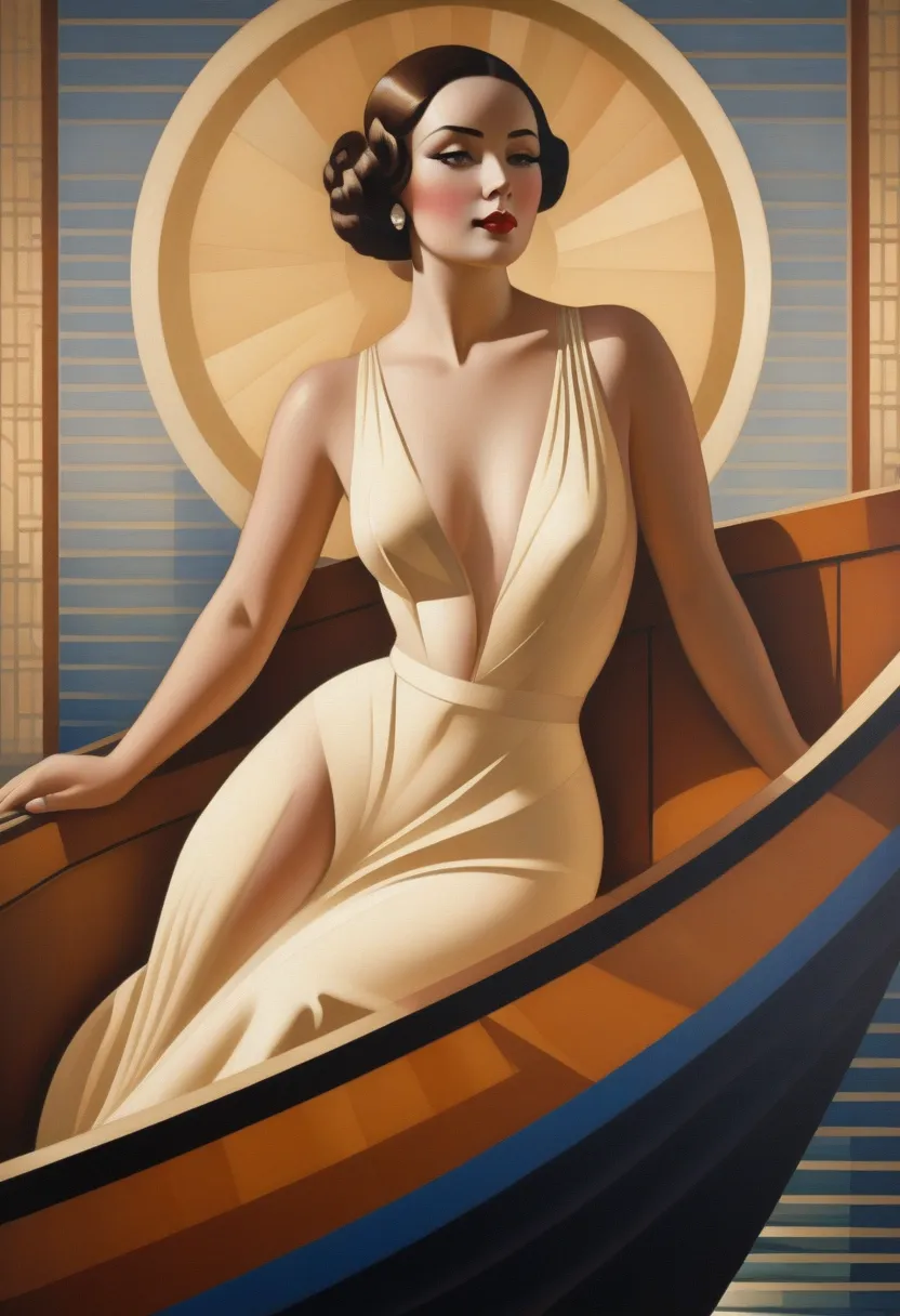 painting of a nude woman on a boat, art deco painting, art deco era), art deco portrait, georgy kurasov, cinematic. art deco, be...