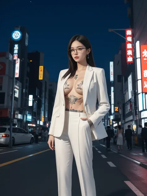 a girl in white suit standing , cyberpunk art ,nude,big breasts, trending on cg society, fantasy art, girl in suit, girl in a suit, (tattoo on breasts),cowboy shot,look at viewer,drama, wearing a suit and glasses, wearing white suit and glasses, luxurious ...