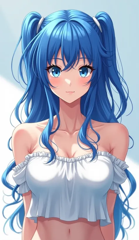 1 ,  long hair,  looking at the spectator,  high resolution , fringe, blue eyes,  Two side up,  blue hair,  Anime style, white blouse,  musculary body 