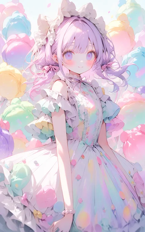 Iridescent Sweets Land
A Pastel Girl in a Fantastical Candyland, surrounded by glowing pastel sweets. Her dress resembles a cupcake with whipped cream-like frills, and her hair is tied with candy-shaped ornaments. The background is filled with giant glowin...