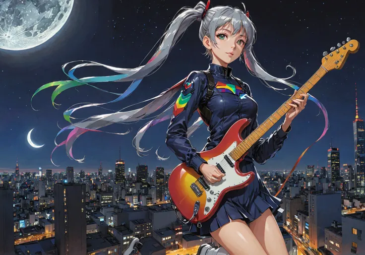 Anime Style,  1 girl, guitar,Song,station,moon,star, Short Bang ,  high ponytail,   silver-haired, Pointy ears, 生物発光する異starのジャングルの奥深く, [ Evangelion : Cyberpunk Edge Runners :0.5],  Reflective Transparent Rainbow Opaque Clothes ,  Long Sleeve ,  Relaxed Dre...