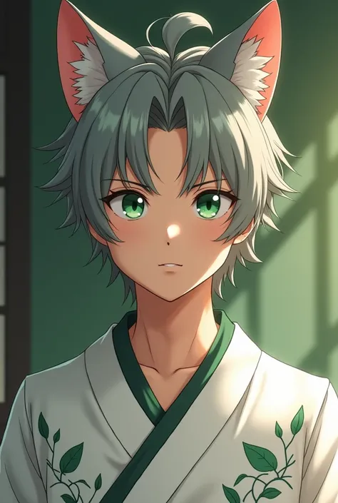 Realistic anime-style 4k quality image ,  where there is a handsome 23-year-old man , Half human and half feline with cat ears ,  he has brown skin ,  gray hair and long , eyes in the color green .  This same man has a serious and calm face , And a stiff l...