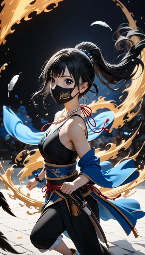 Dynamic pose, skinny woman, ((masterpiece, top quality, high resolution)), ((very detailed CG integrated 8K wallpaper)), woman in dark blue neat noselobe, she has long black hair tied back, ponytail, beautiful black feathers growing on her back, wearing bl...