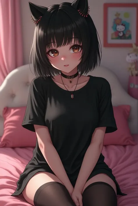 Woman 18 years old short black hair color big deep brown eyes dress egirl kuromi girl realistic tender innocent shower big thighs cute face full body more gothic clothing example an extra large black blouse complete like a t-shirt half thigh stockings and ...