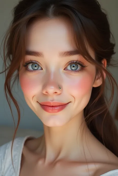  image shows a close up of a young woman ,  seen from a slight lower perspective .  Her face is slightly tilted towards the camera ,  showing a gentle and serene expression .  She has a fair complexion with a slight blush on her cheeks .  His eyes are grey...