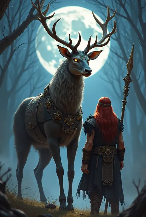  Creature with stately deer antlers ,  semi-human face and leather and metal clothing . by your side,  a Viking with flowing red hair and a spear. scenario: a moonlit clearing .