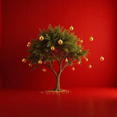 tree leaves and golden Christmas decorations, red background