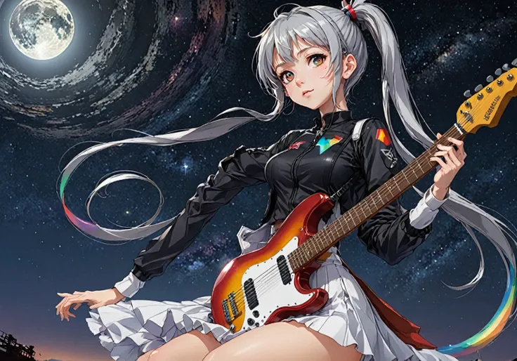 Anime Style,  1 girl, guitar,Song,station,moon,star, Short Bang ,  high ponytail,   silver-haired, Pointy ears, 生物発光する異starのジャングルの奥深く, [ Evangelion : Cyberpunk Edge Runners :0.5],  Reflective Transparent Rainbow Opaque Clothes ,  Long Sleeve ,  Relaxed Dre...