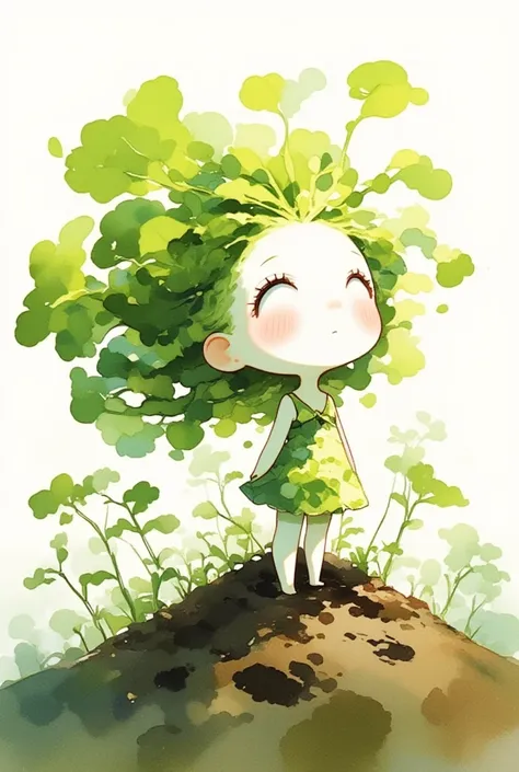 A white-skinned cute daikon ladys upper body emerging from the soil. wearing dress made of daikon skin, green leaves hair. looking up. fantasy art, watercolor painting