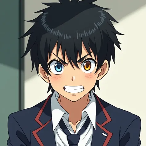  man with black hair,  good-looking face,  broad shoulder , angry eyes, smiling mouth,  school uniform, Japanese cartoon style,  school background ,  school uniform,  school uniform, blue left eye ,  orange right eye 