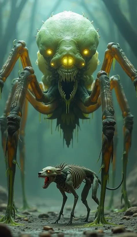 A massive arachnid-like creature with a translucent exoskeleton revealing pulsating alien organs. Its multiple glowing eyes emit eerie light, and its legs end in razor-sharp claws that drip with an unknown green fluid.A skeletal, dog-like creature with elo...