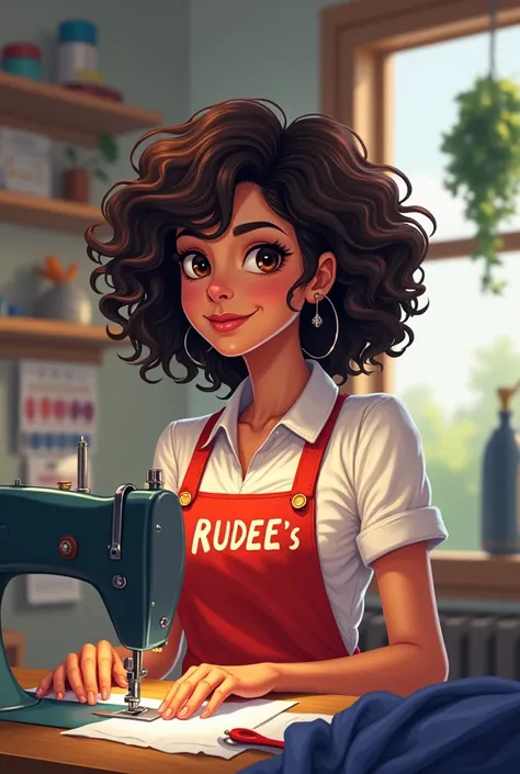 A beautiful women. She is a tailor women. Her business name is "RU Fashion Garment".  Her brand name is "RudeeS". She is working her business place with machines. . She has curly hair. Her face is round. Not thin or not fat. There is a birth mark close to ...