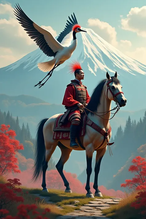 Japan: Red-Crowned Crane and a Samurai Horse – Bushido Wingbeast. Like realistic 4k 