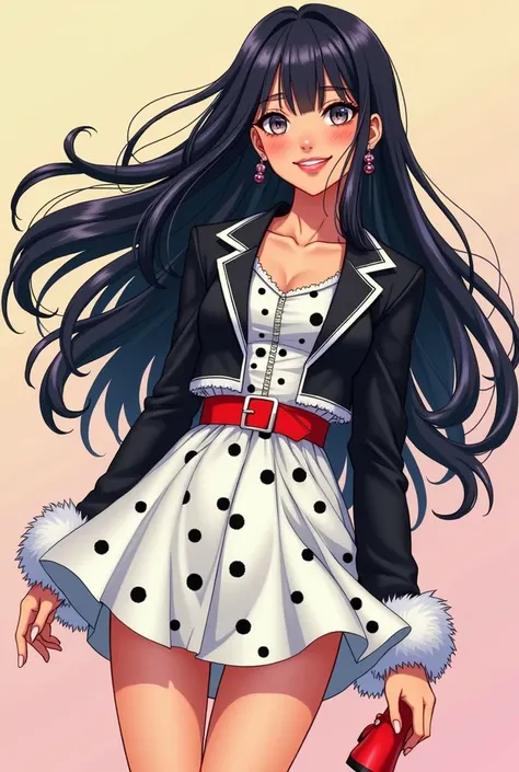  A woman with long black hair with several white locks and fringe all over her hair, gray eyes. pink lips. Happy smile.  White flared dress with print of Dalmatian spots , black cropped blazer with plush cuffs ,  red belt marking the waist and short red bo...